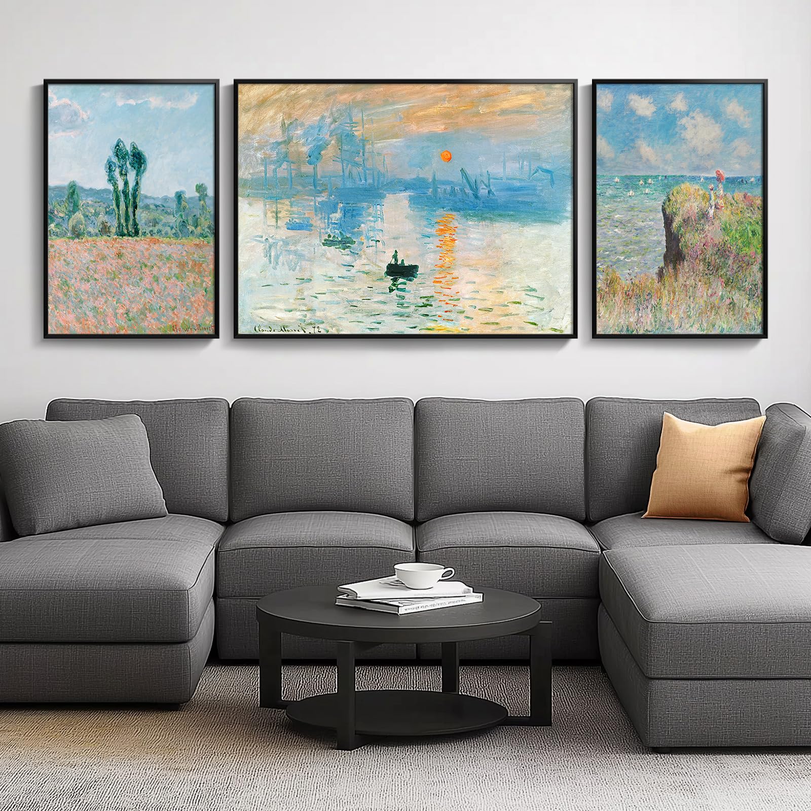 Framed Claude Monet Wall Art for Living Room, 3 Piece Extra Large Monet Canvas Wall Art, Impression Sunrise Artwork for Walls, Mid Century Pictures Prints for Bedroom Hallway Home Office Wall Decor