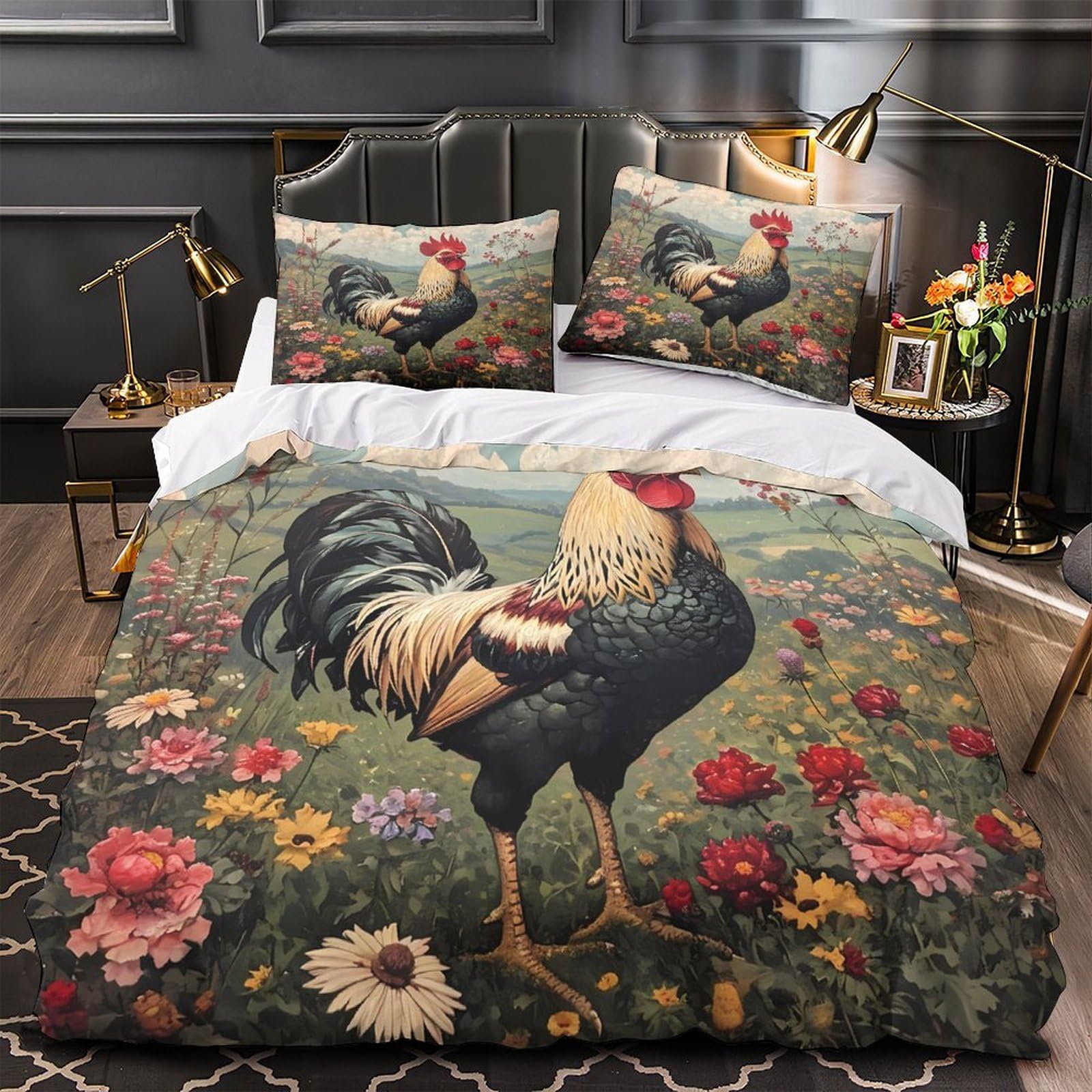Housse de couette coq scène de ferme vintage en microfibre douce 135x200 cm