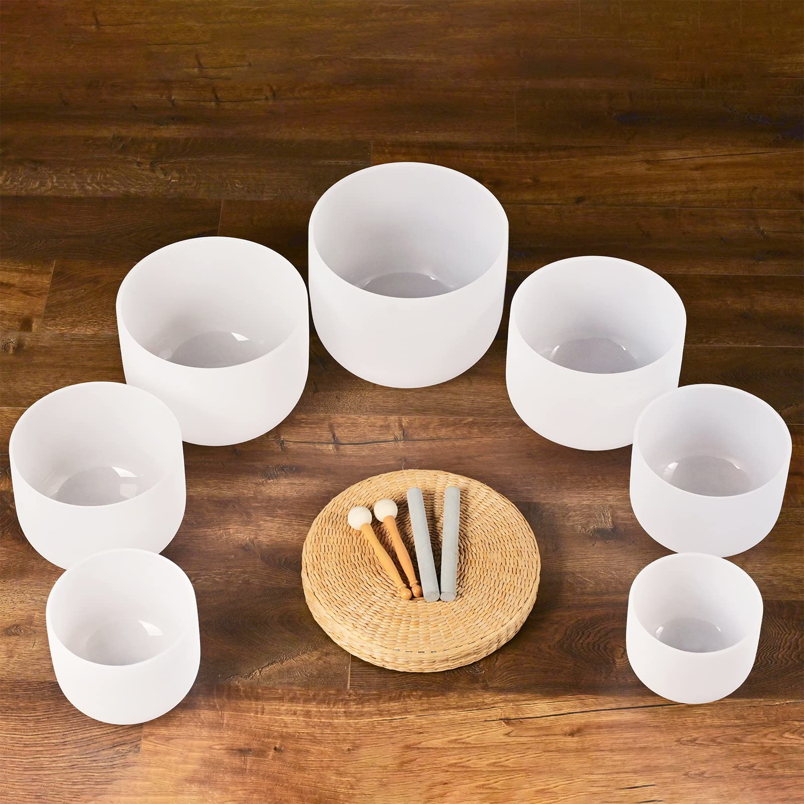 432HZ Klangschalen-Set aus mattiertem Chakra-Quarzkristall, 20,3 - 35,6 cm, 7-teilig | Klangheilung, robuste Tragetaschen