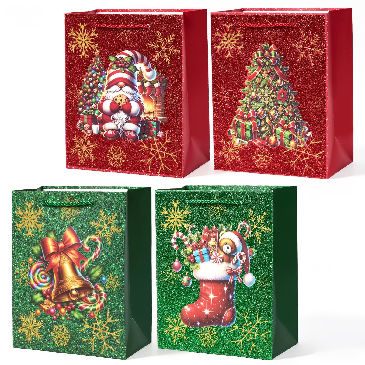 4pcs Christmas Paper Gift Bags with Handles, Medium Candy Bags for Christmas Party Supplies Gift Wrapping
