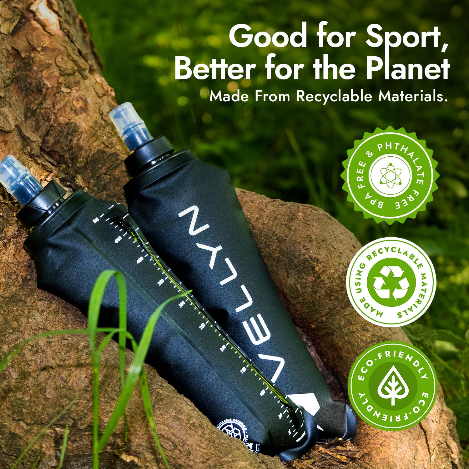 2 x 500 ml Laufwasserflasche, weiche Flasche, faltbare Wasserflasche für Laufweste, ultraleicht, nur 29 g, Schnellgriffschale, Volumenfenster, 100 % auslaufsichere Hydratation für Wandern, Radfahren