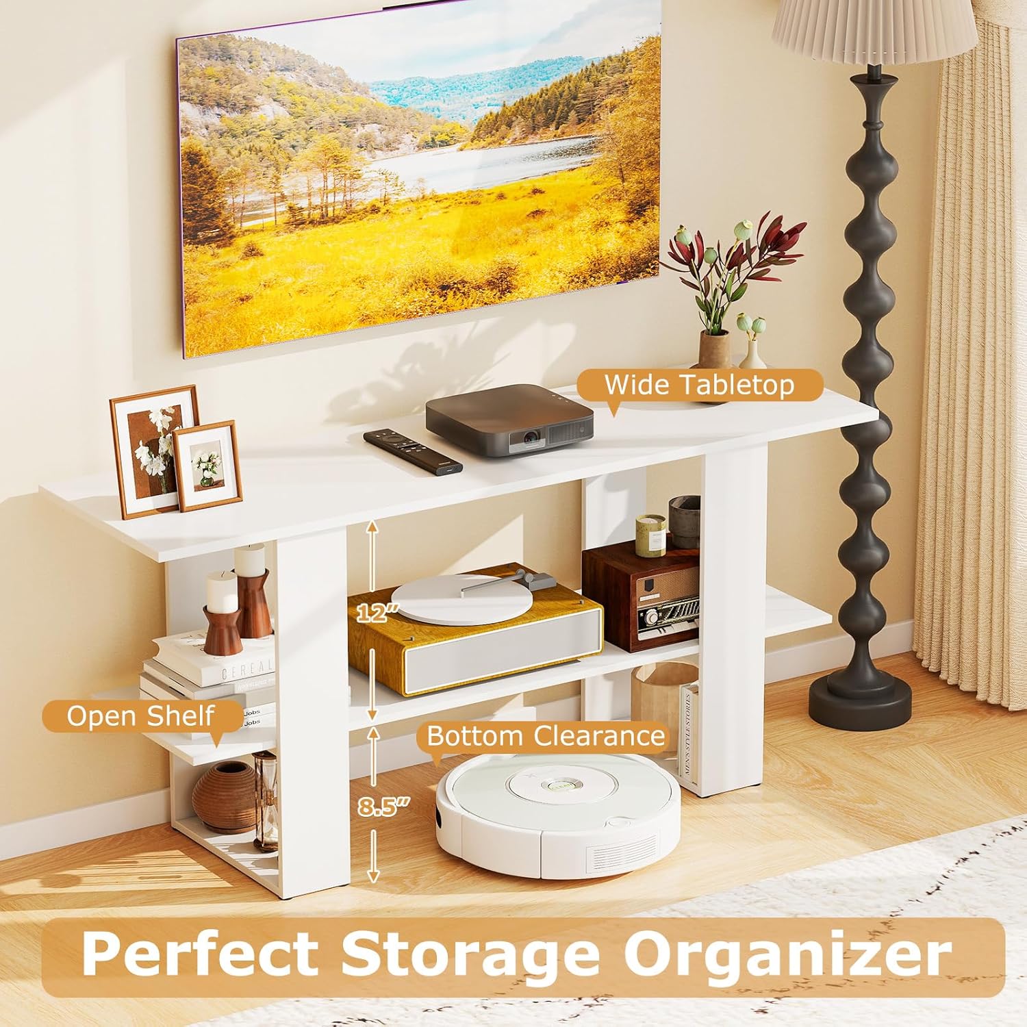 Giantex Modern TV Stand for 55 Inch TV, White Entertainment Center with Open Storage Shelf, Wood Media Console Table for Living Room Bedroom Entryway