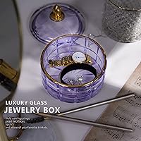 Vista 3 de ALAMHI Tarro de cristal para caramelos, botes decorativos con tapas, caja de cristal de cristal morada, lindo plato de caramelo con tapa para ideas