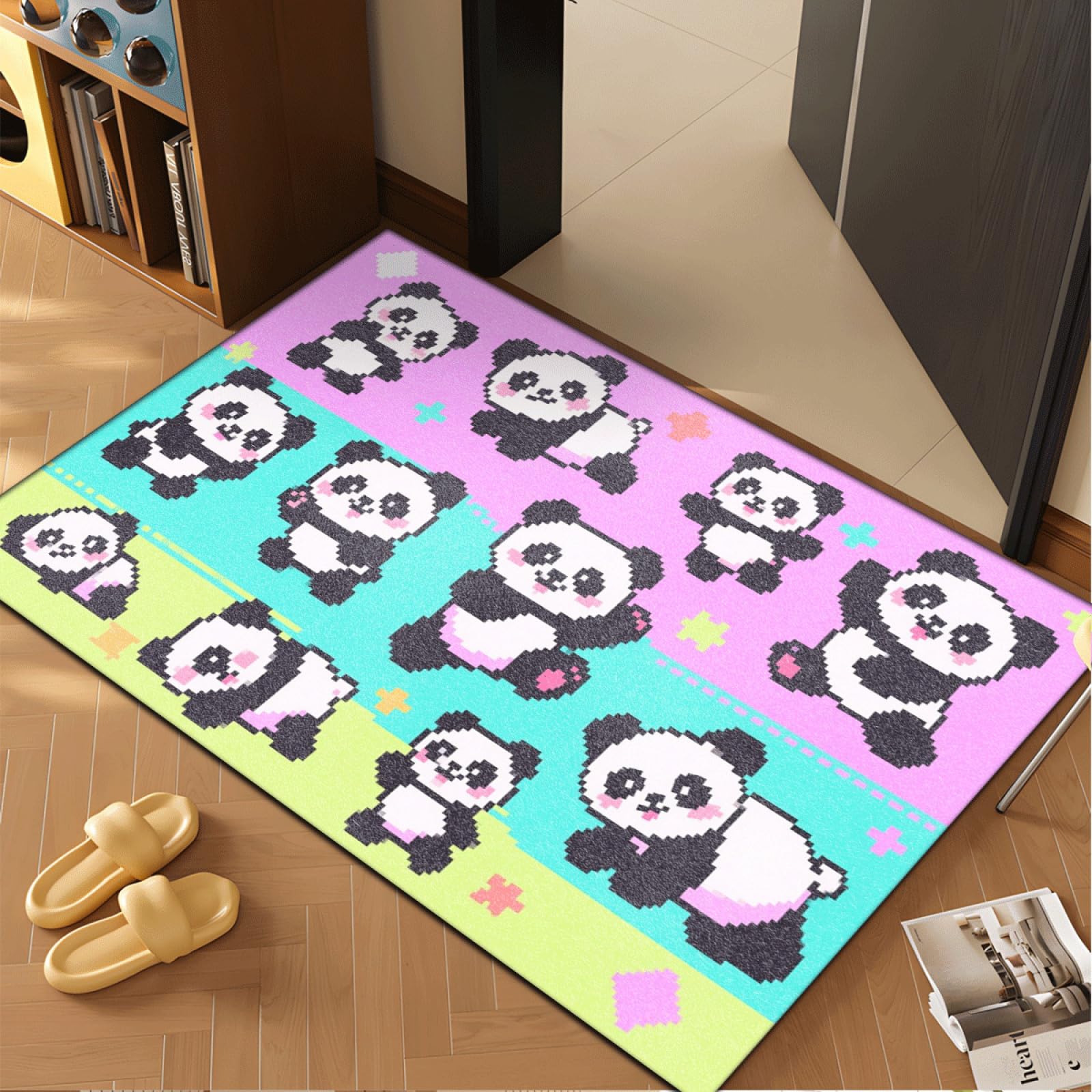 Paillasson Exterieur Entree Panda Rose Vert Tapis Entree Interieur Facile à Nettoyer Paillasson Interieur Antidérapant Lavable en Machine pour Chambre Cuisine Couloir 60x90 cm