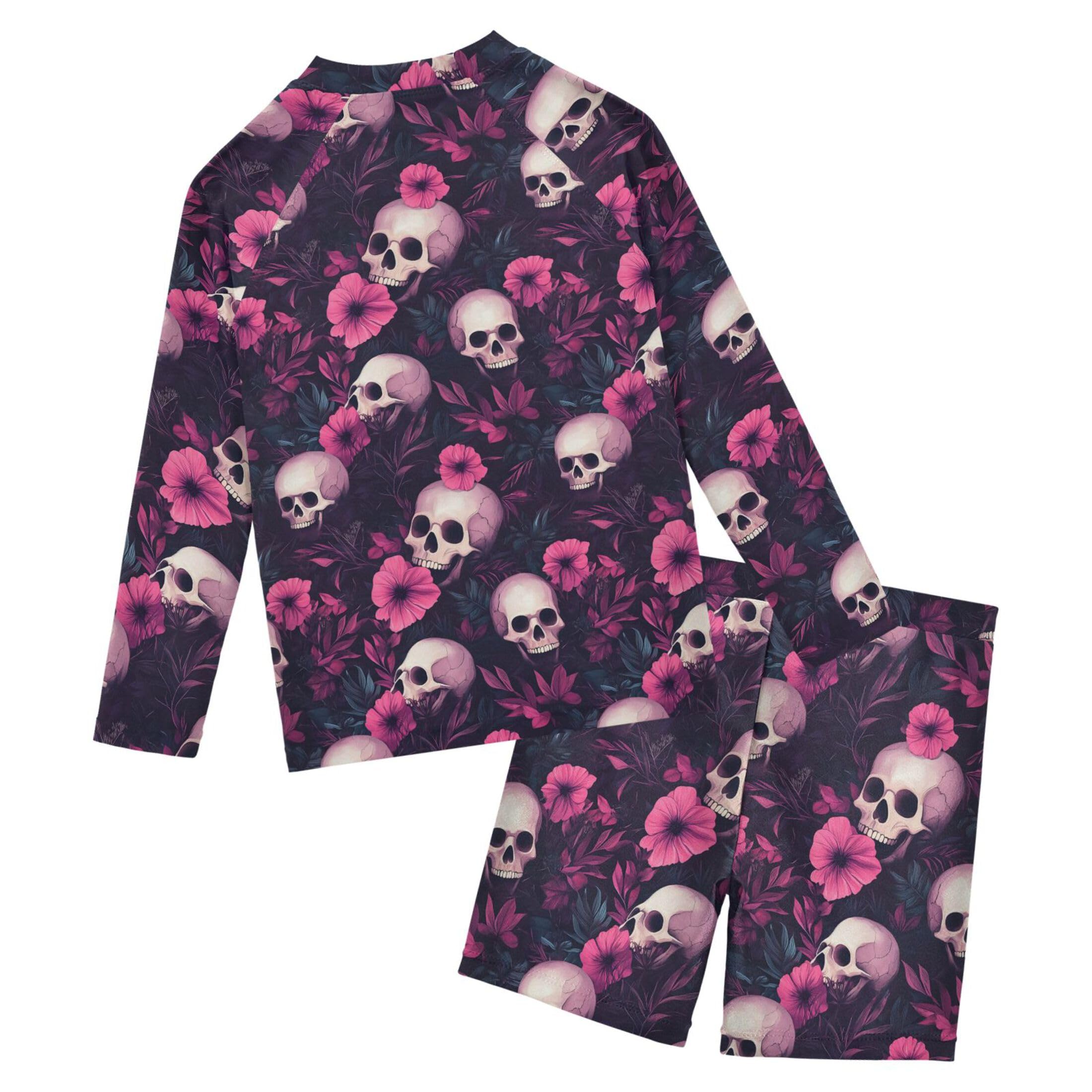 Skull Flower Toddler and Baby Boys' 2-Piece Swimsuit Trunk, Long Sleeve Rashguard Bathing Suit B0404494