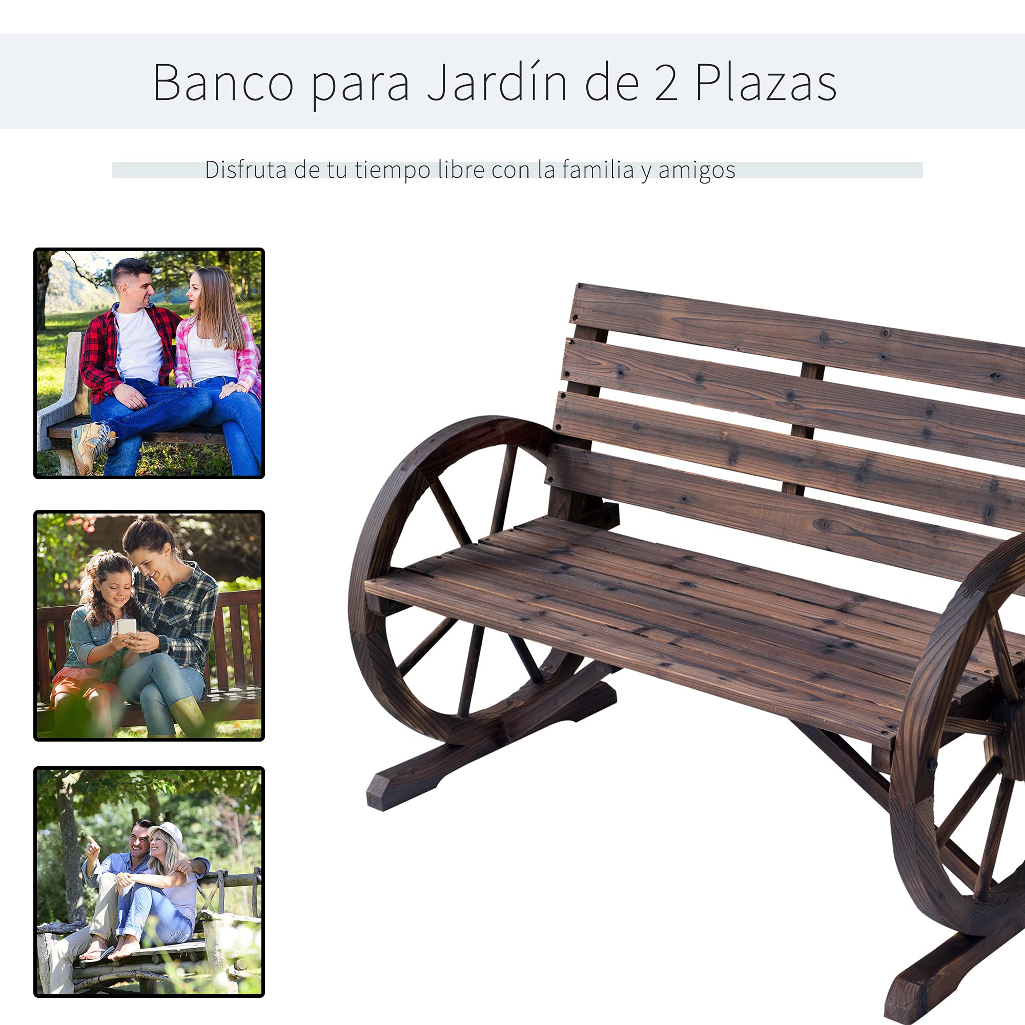 Outsunny Banco de Jardín de Madera, Banco de Exterior con Reposabrazos en Forma de Rueda, Estilo Rústico, Carga 250 kg, de 2 Plazas, para Patio, Terraza, 105,5x59x75 cm, Carbonizado