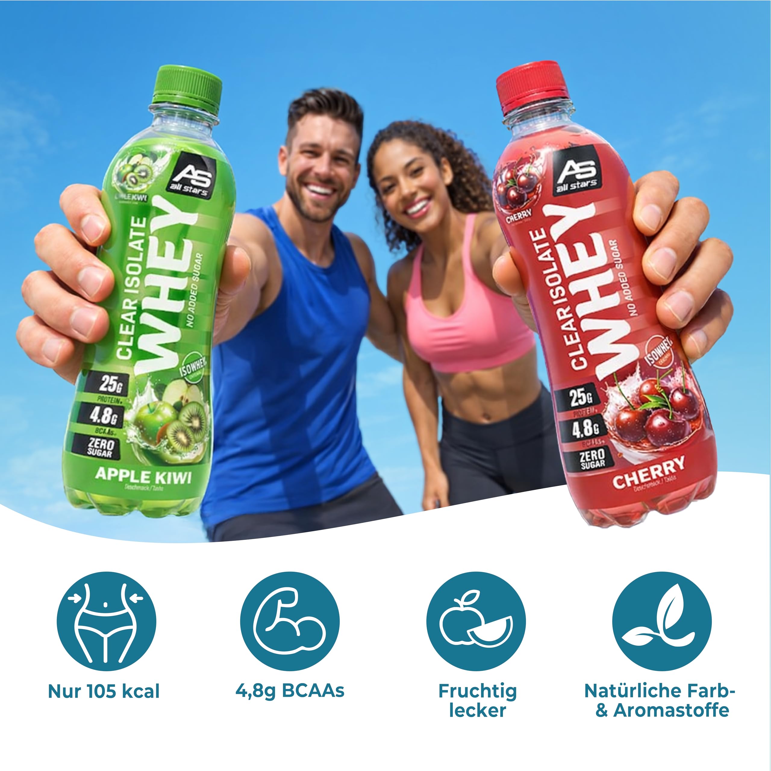 ALL STARS Clears Isolate Whey Protein Drink Fertig-Getränk 12 x 500ml Tropical- Mit ca. 25g Eiweiß & 110 kcal, Reich an hochwertigem Whey Protein Isolat