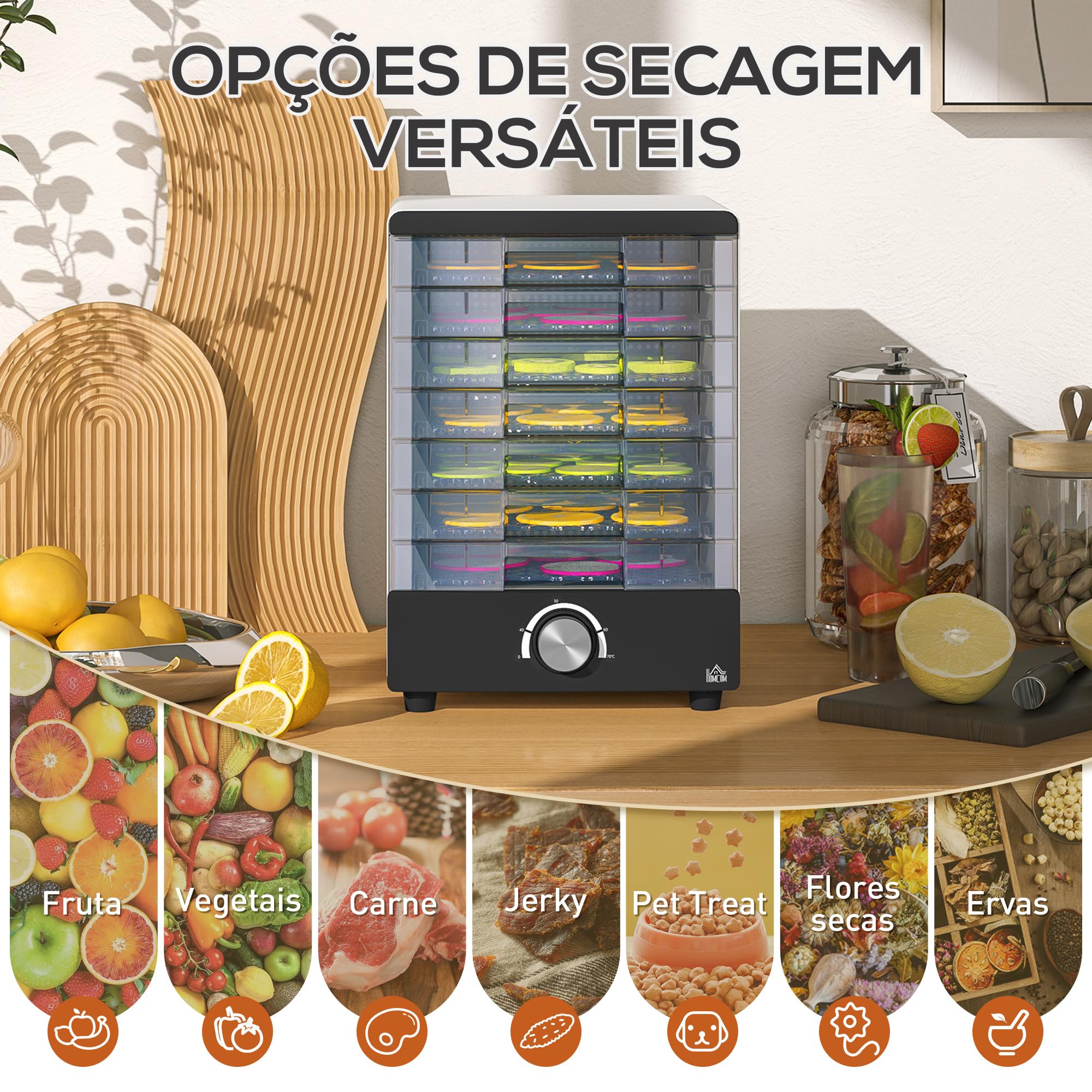 HOMCOM Deshidratador de Alimentos 350W con 7 Bandejas Temperatura Regulable 40-70 ℃ Deshidratadora para Frutas Verduras y Golosinas para Mascotas Blanco