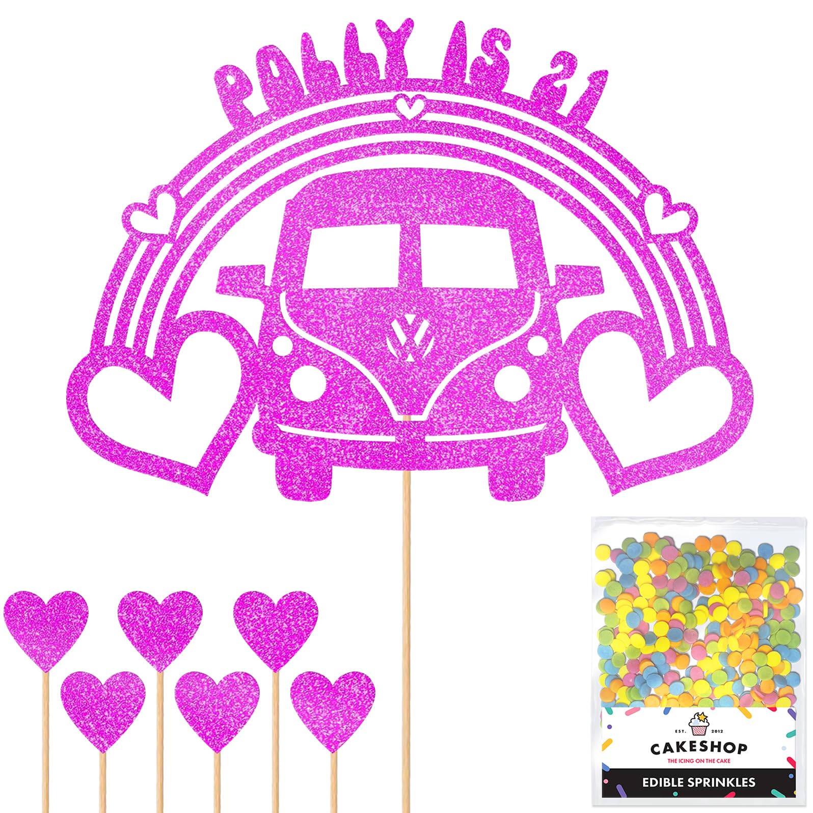 Personalised 60's Camper Van Glitter Cake Topper- Pink Any Custom Age & Name Glitter Cake Decoration and Sprinkles - Happy Birthday Decorations - Personalised Toppers for Cakes by Cakeshop — image 1