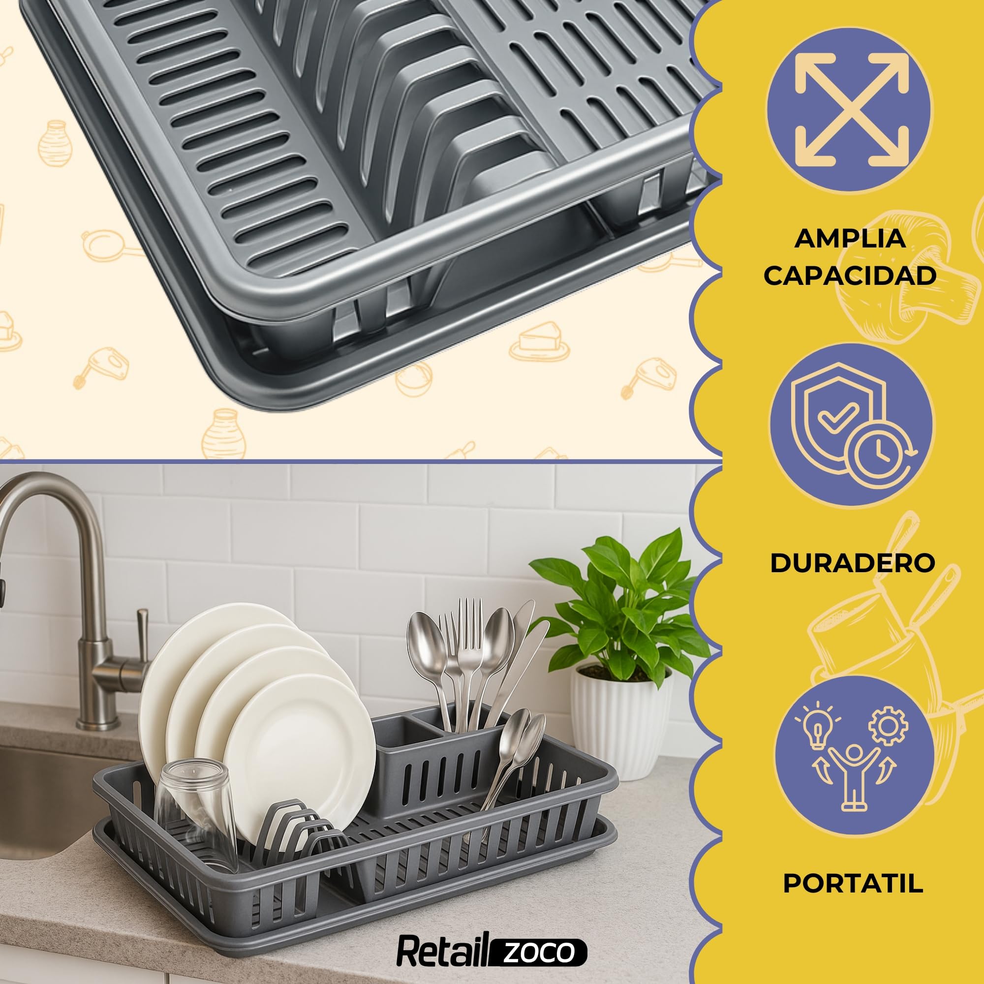 CHEFZOCO Escurreplato de plástico, Escurridor de Platos, Escurridor Fregadero de 2 módulos, con Bandeja Anti-Goteo, 45 cm de Ancho x 29.7 cm de Fondo x 8 cm de Altura, Gris