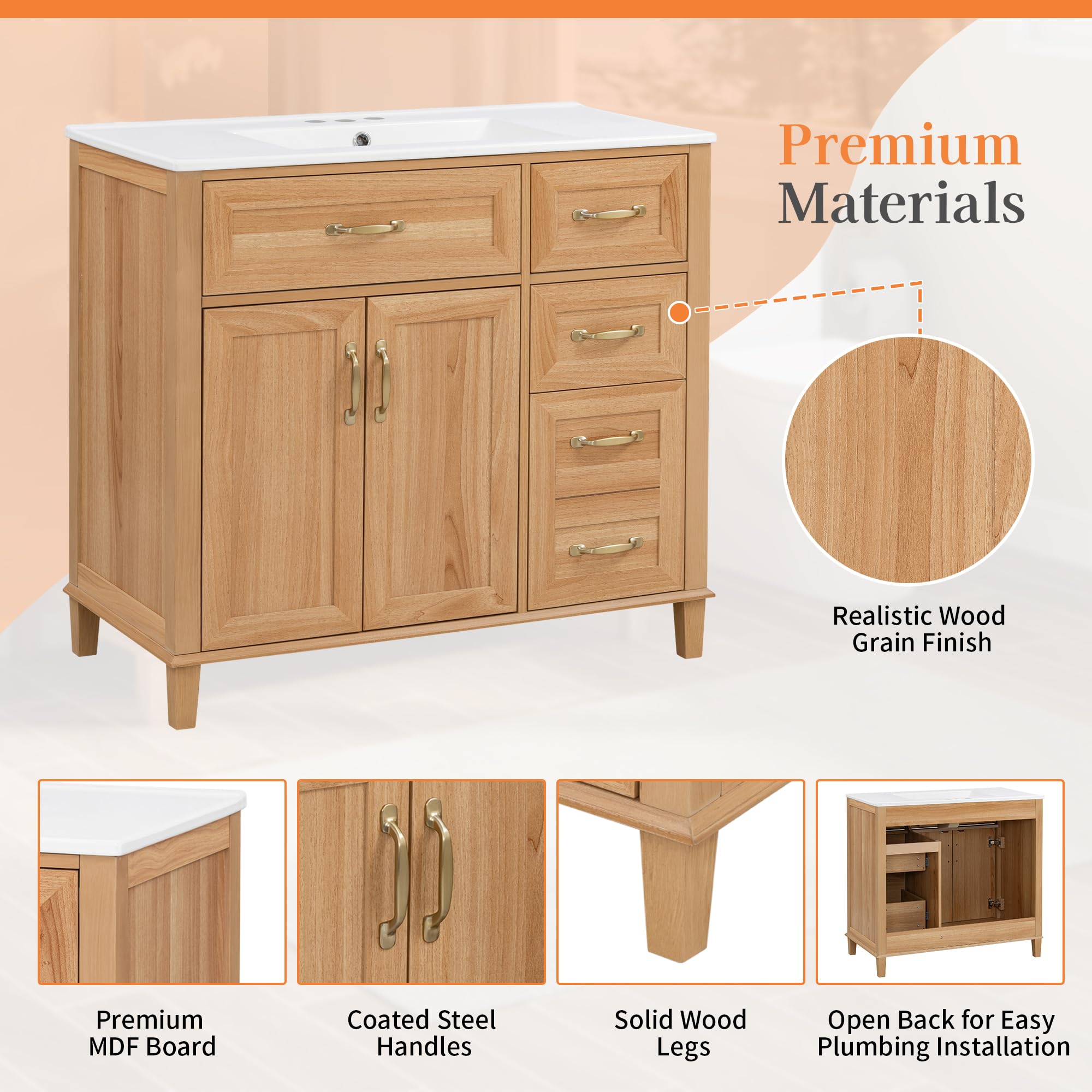 Condition photo showing New/Like New for latitude run 36" bathroom vanity with sink, free standing vanity set with 2 soft-close doors & 4 drawers, natural wood grain bathroom cabinet with ceramic basin for bathroom, natural