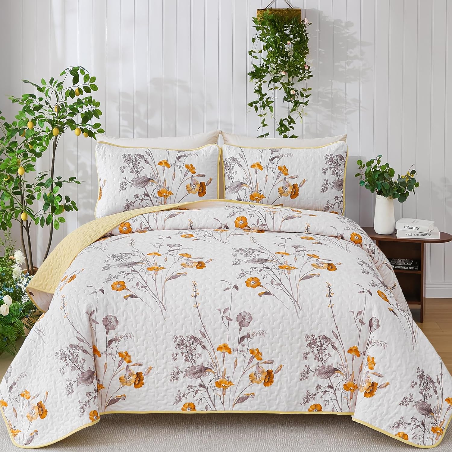 WONGS BEDDING Yellow Floral Quilt Set King Size, 3 Pieces Botanical Plants Pattern Bedspread Coverlet Set with 2 Pillowcases, Soft Lightweight Microfiber Bedding Set for All Season(104"×90") - Image 2
