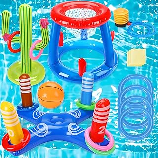 UPINS Pool Toys Games Set Swimming Pool Toys for Kids Inflatable Pool Basketball Hoop & Ring Toss Game and Pool Floats Toy...