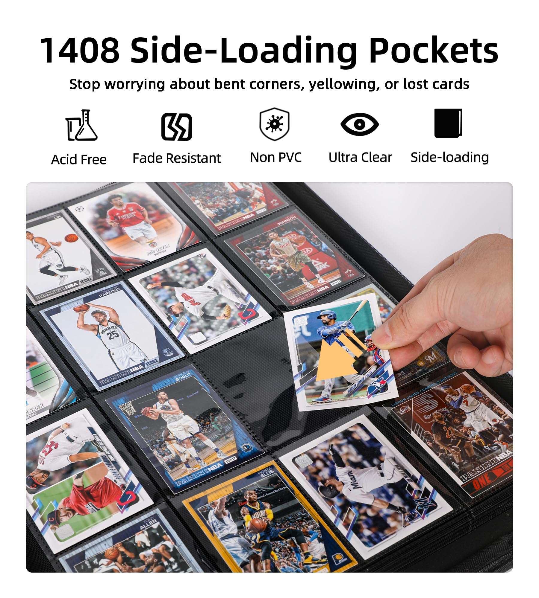 Carpeta de tarjetas de 16 bolsillos, 1408 fundas de carga lateral, álbum de tarjetas de gran capacidad para béisbol, fútbol, tarjetas de intercambio de tamaño estándar (blanco)