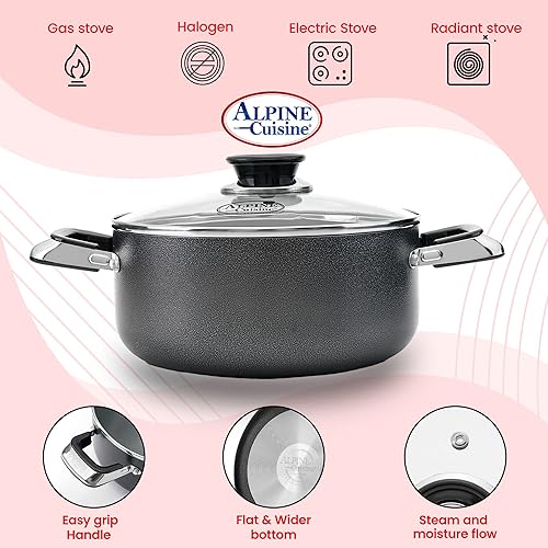 Miniatura 6 de Alpine Cuisine Olla antiadherente de 4 cuartos con tapa de vidrio templado y asas de transporte, utensilios de cocina multiusos de aluminio para