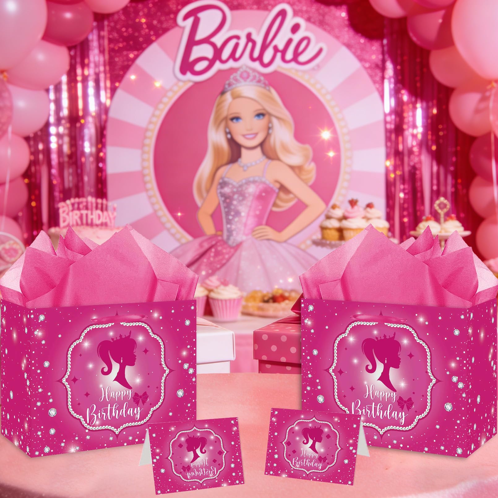RTMISA Hot Pink Birthday Gift Bag with Tissue Paper and Greeting Card Princess Birthday Gifts Wrapping Bag for Girls Women Fashion Pink Doll Happy Birth Day Party Decorations Supplies