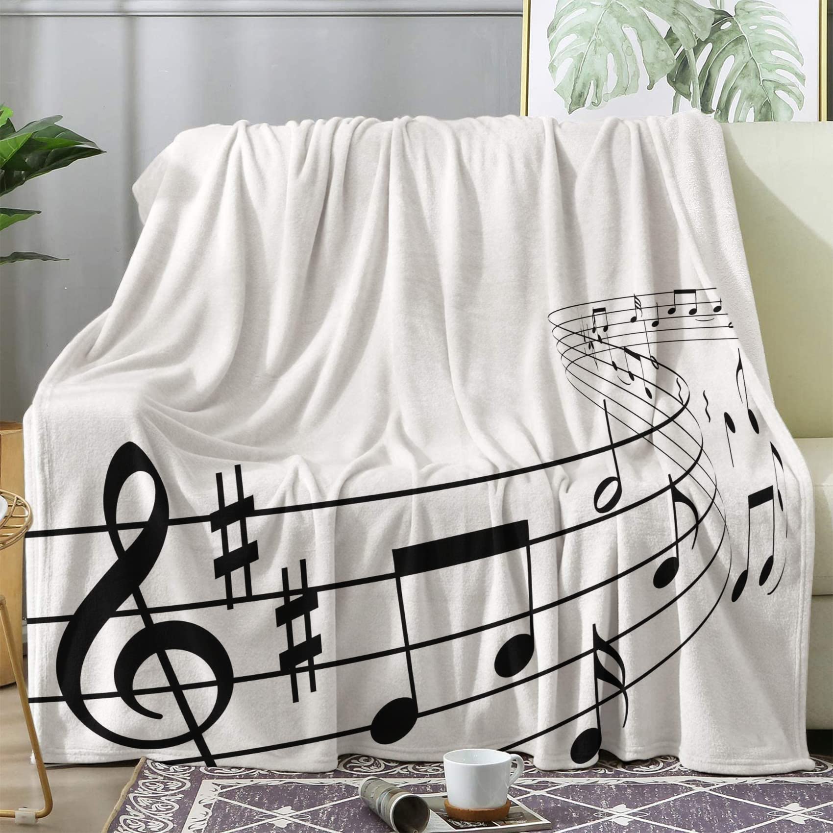 Plaid musique 200x200 couverture polaire noire et blanche 2 personnes pour canapé et lit