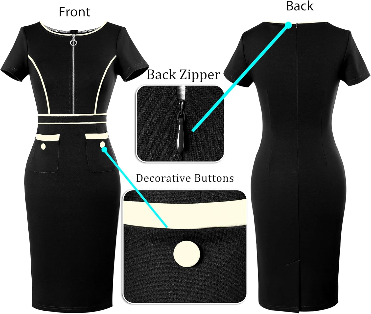 VFSHOW Womens 2024 Business Work Office Crew Neck Front Zipper Pockets Buttons Elegant Vintage Retro Bodycon Dress - Image 4