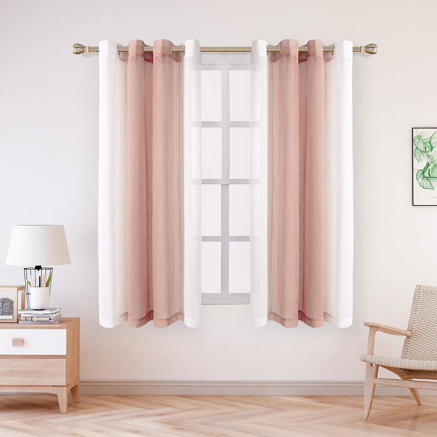 LORDTEX Faux Linen Ombre Sheer Curtains for Bedroom - Voile Semi Sheer Curtains Grommet Top Gradient Curtains for Living Room, Set of 2 Panels, Blush, 52 x 63 Inch