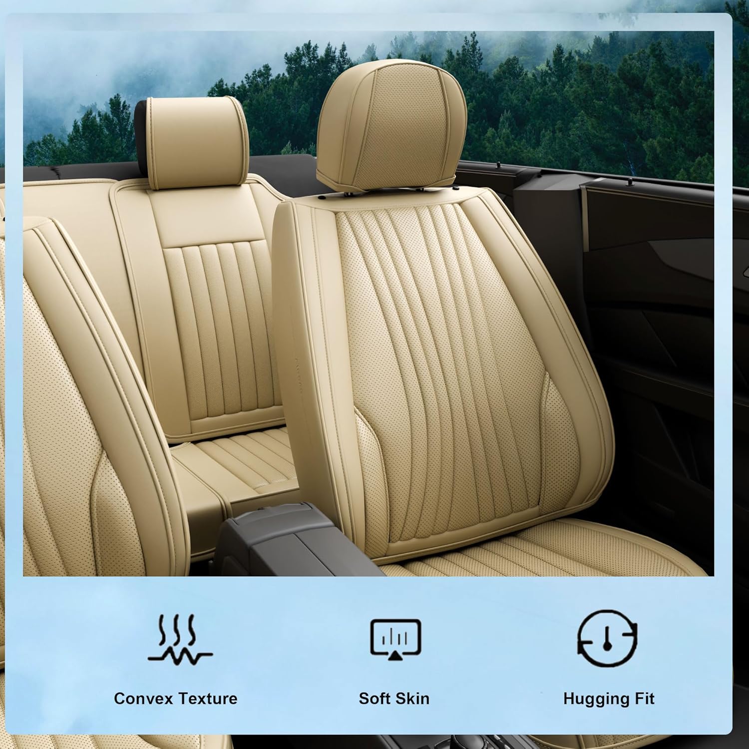 5 Pieces LB Front and Rear Car Seat Covers, Waterproof Nappa Leather Full Set Car Seat Protectors, Universal Auto Interior Fit for Sedans SUV Pick-up Truck, Beige