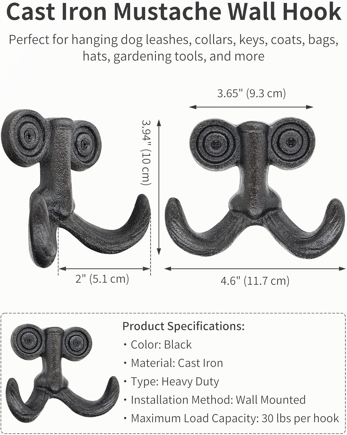 Rustic Cast Iron Mustache Wall Hooks - Heavy Duty Decorative Coat Hooks Wall Mount Hanger for Hanging Clothes Bag Hat Towel Key, Vintage Farmhouse Decor for Entryway Bathroom Mudroom 2 Pack - Image 2