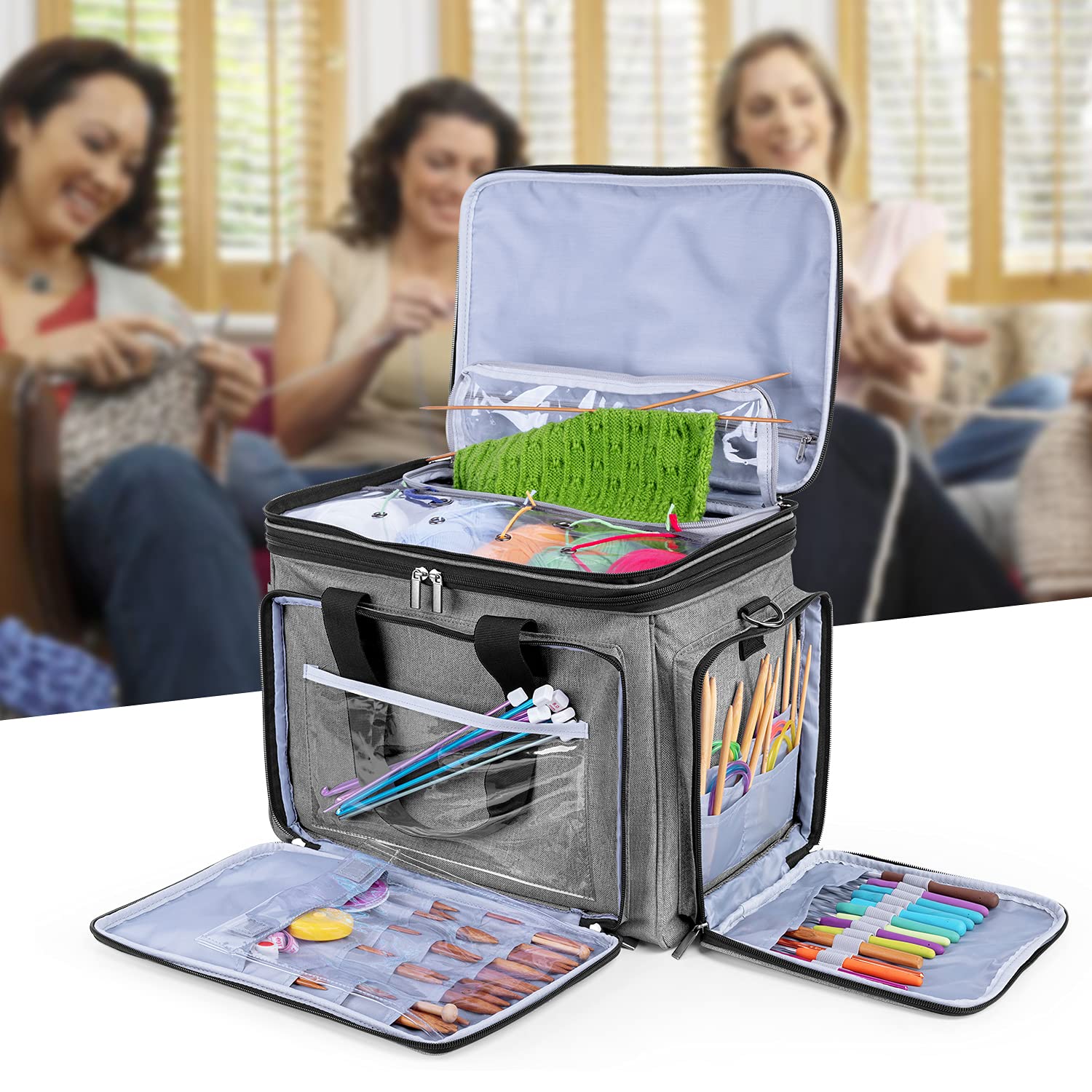 Luxja Sac pour Rangement Laines, Sac a Tricot, Sac pour Crochet Laine, Aiguilles à Tricoter et d'autres Accessoires, Gris