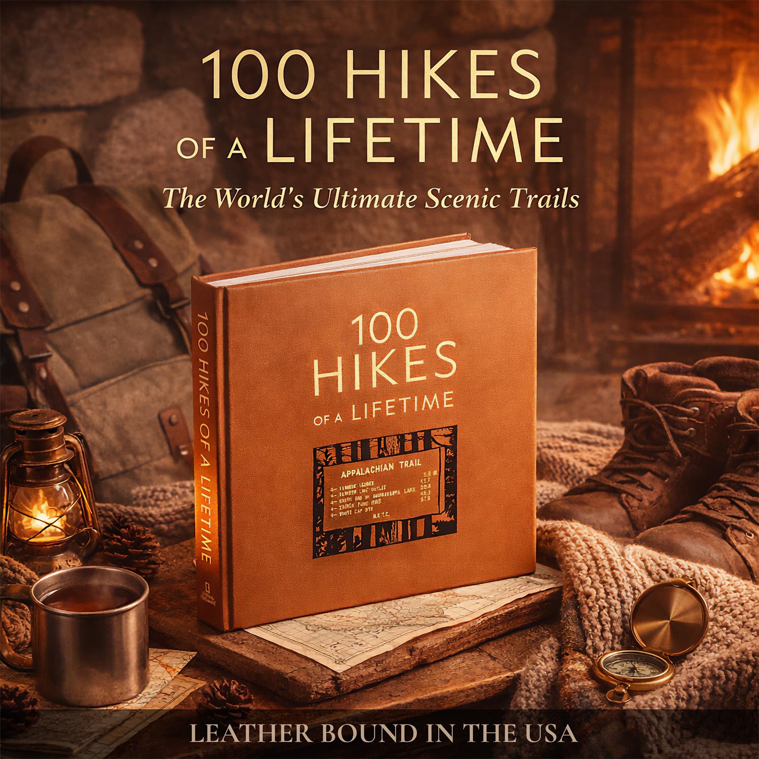 100 randonnées d'une vie : les sentiers pittoresques ultimes du monde – Graphic Image Leather Bound Tan – Édition de collection fine – Fabriqué aux États-Unis