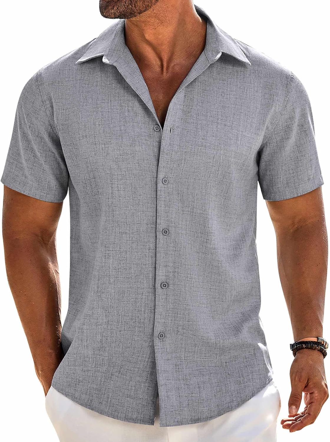 COOFANDY Mens Button Down Shirt Short Sleeve Casual Shirts Beach Summer Linen Shirts Wedding Vacation Shirt
