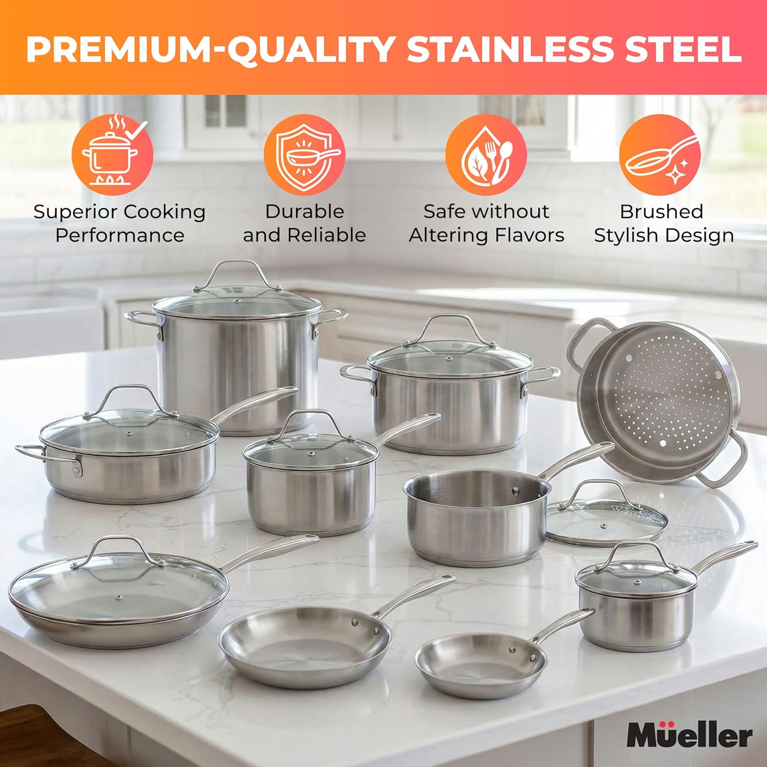 Mueller Pots and Pans Set 17-Piece, Ultra-Clad Pro Stainless Steel Cookware Set, Ergonomic EverCool Handle, Induction Cookware, Includes Saucepans, Skillets, Dutch Oven, Stockpot, Steamer For Cooking - Image 2