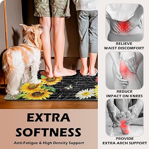 Miniatura 2 de Juego de 2 tapetes de cocina antifatiga con girasoles para el suelo, antideslizantes, impermeables, amarillos, vintage, florales, acolchados,