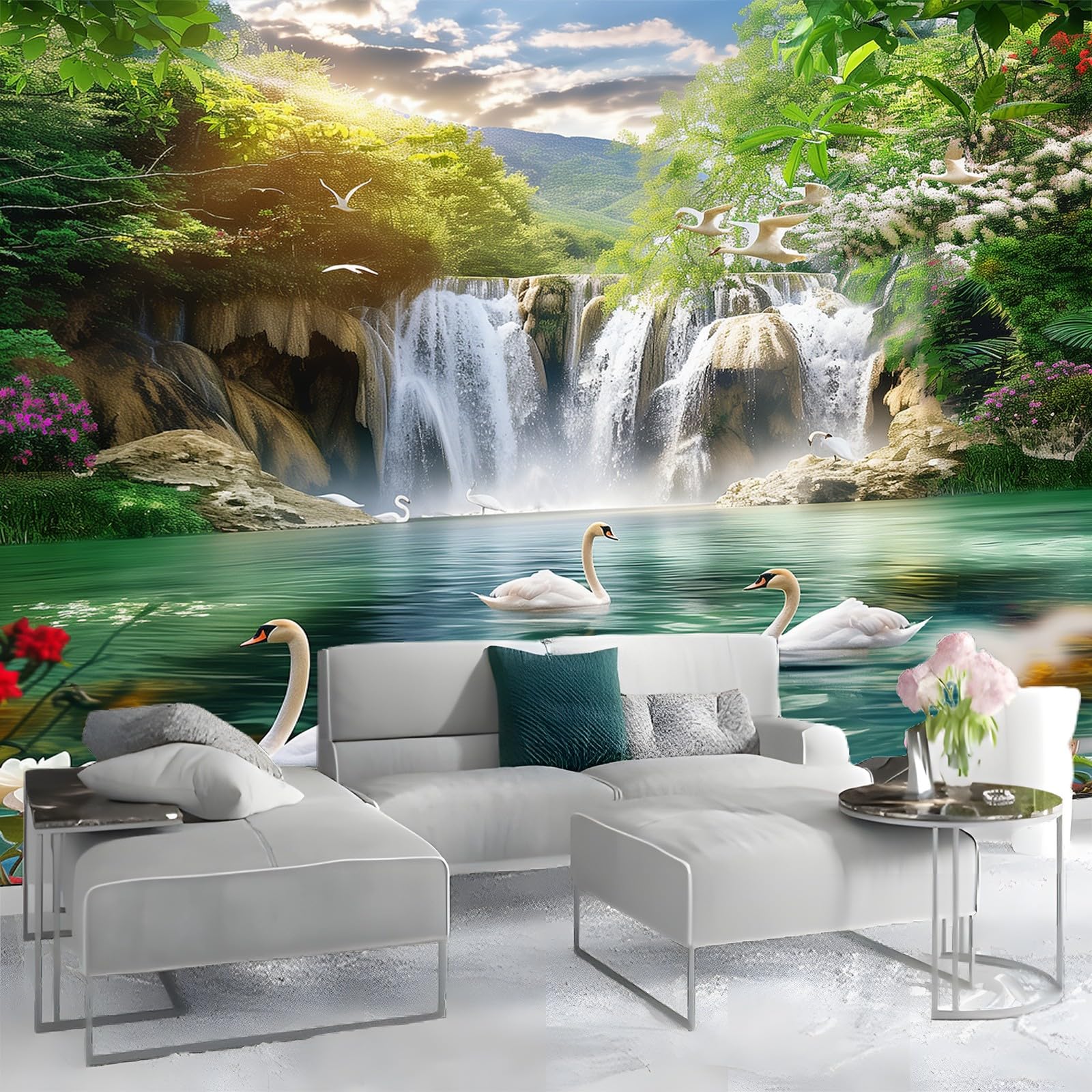Fototapeta 350 x 256 cm, naturalna łabędzie, wodospady, efekt 3D, tapeta z włókniny, nowoczesna tapeta ścienna, do salonu, sypialni, pokoju dziecięcego, kolorowa, idealna do kuchni i różnych