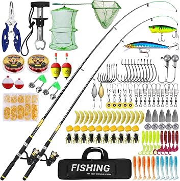 Kids Fishing Rod Set of 2, Telescopic Fishing Pole and Spinning Reel Combo with Line, a Fishing Net, Lures Kit & Accessories with Carry Bag for River Beginners Starters, 1.8M+2.1M/5.9FT+6.9FT