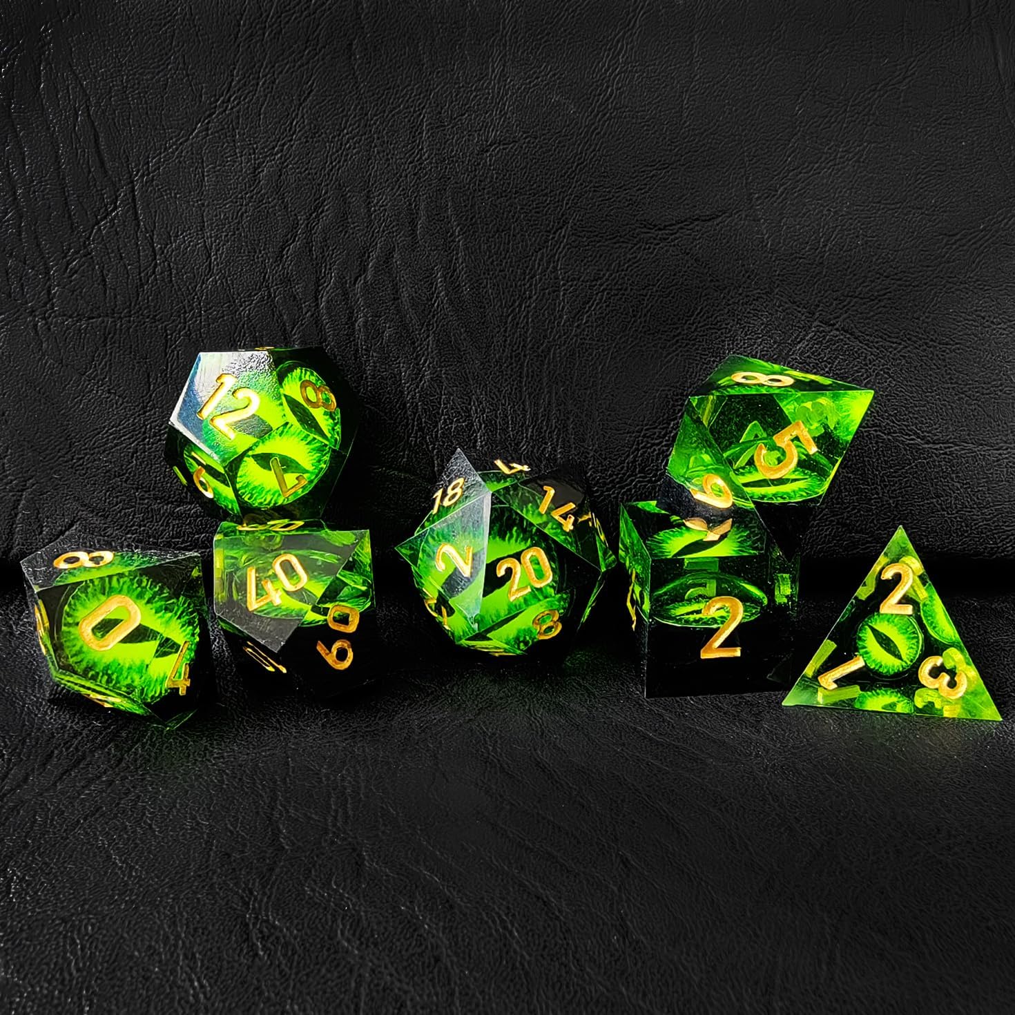 BESCON Dragon's Eye Sharp Edged Polyhedral Dice, Handmade Dragon's Eye Dice for Role Playing Game (Green Eye Set)