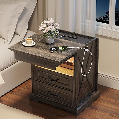 Night Stand with Gun Drawer, Bedside Table with LED Light