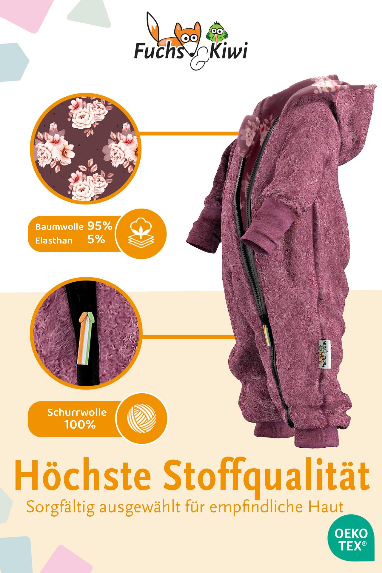 Fuchs & Kiwi Walkoverall Baby Mädchen – Natur Schurwolle & Jersey Futter – Öko-Tex, Hautfreundlich – Handmade in Berlin – Wollwalk Overall Baby & Kleinkind – Winter & Herbst