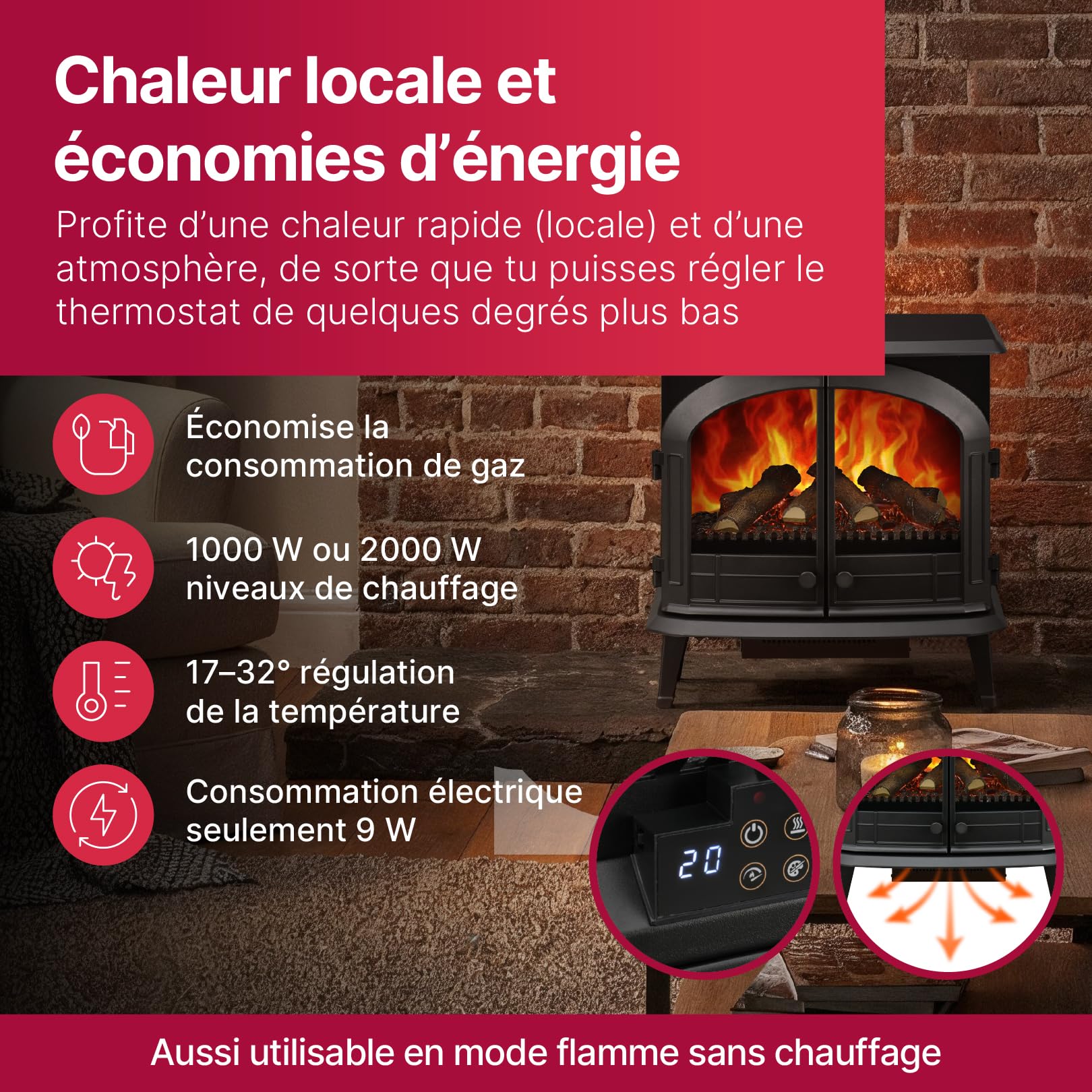 Dimplex Emberly Cheminée Électrique Autoportant 3 Faces Cheminee Electrique Effet Flamme LED Optiflame Chauffage 2 KW Activable Commande Via Télécommande et Application
