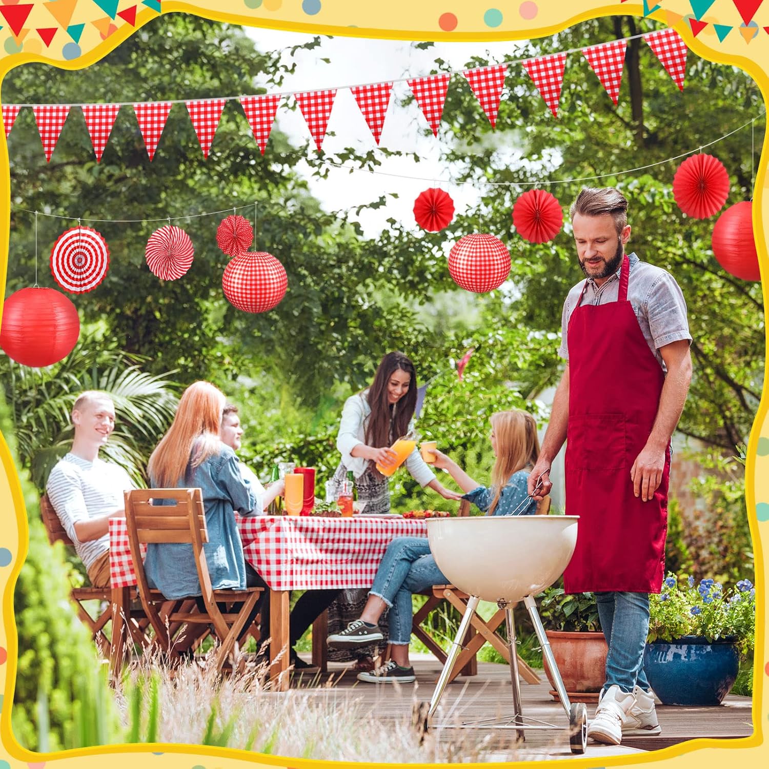 Hortsun 18 Pcs Picnic Party Decorations Red Gingham Party Supplies Include Checkered Pennant Banner Hanging Paper Fans Lanterns Plastic Tablecloth for BBQ Birthday Dinner Wedding Baby Shower