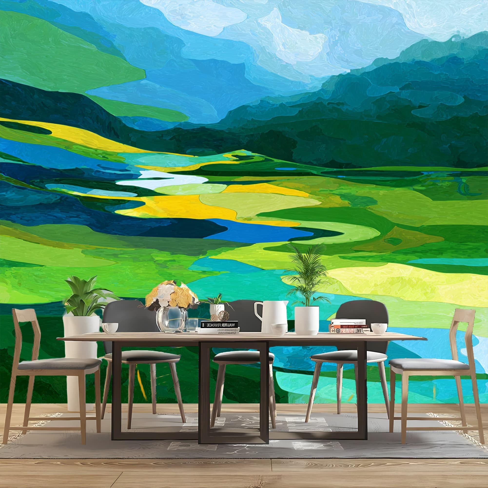 Carta Da Parati Artistico Fotomurale Pittura di Paesaggio Astratto Poster Gigante Da Parete Per Camera Da Letto, Soggiorno,Corridoio Verde Decorazione D'interni Murale 350x256 cm