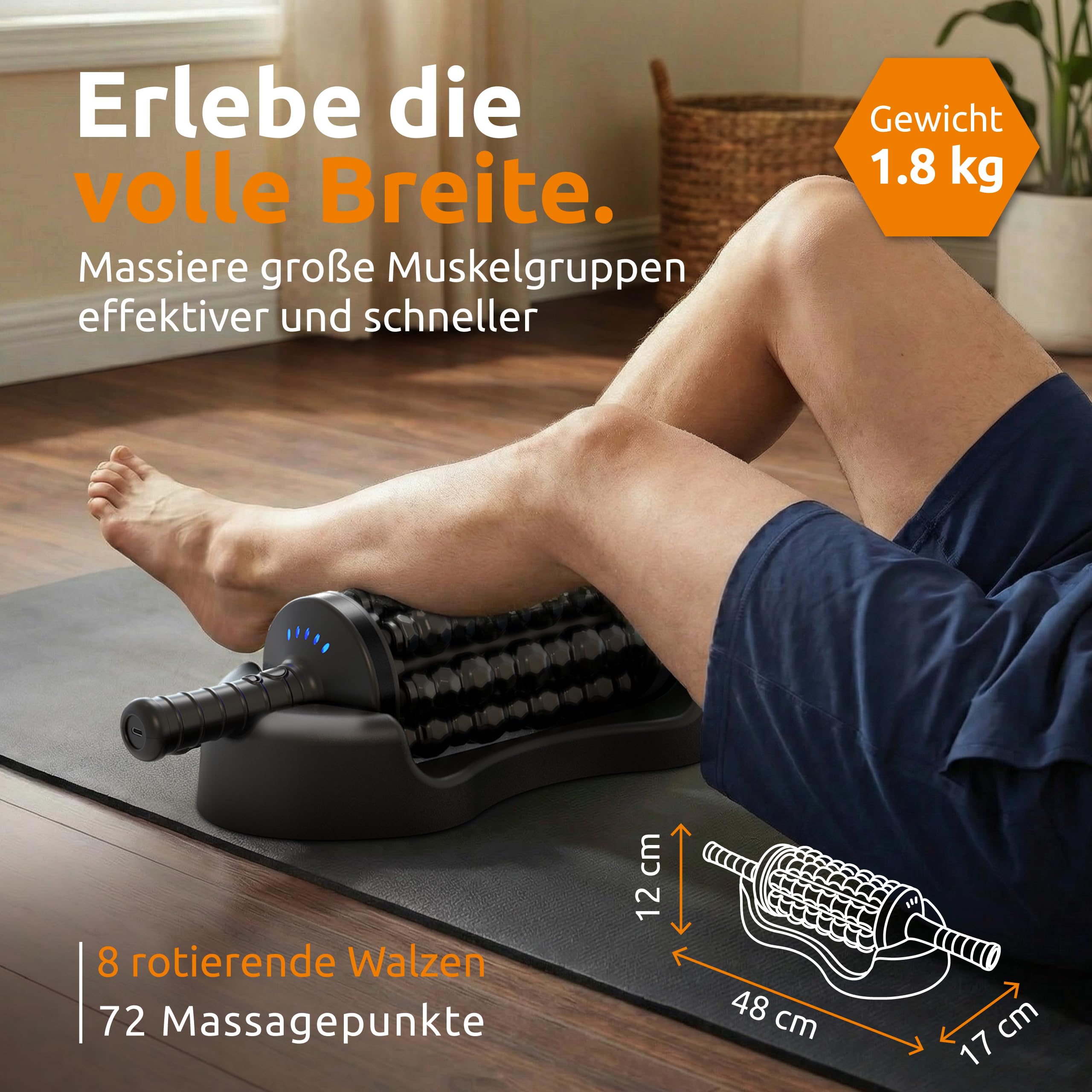 Elektrische Faszienrolle – 8 rotierende Walzen mit Klopfmassage statt Bodenturnen – Massageroller elektrisch mit Griff & Fuß-Station – Deep Roller für Rücken, Nacken & Beine (Schwarz)