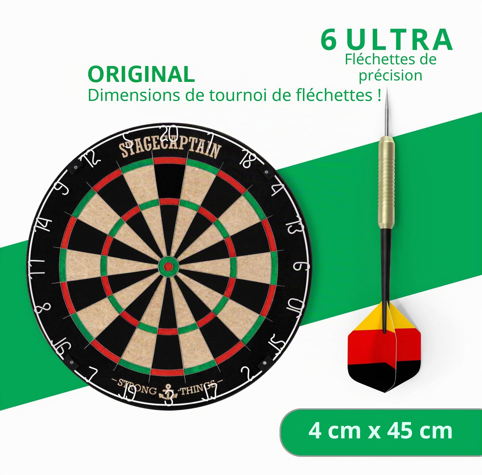 Stagecaptain DBS-1715 Bullseye Pro Cible de Fléchettes + Set Support Noir | Cible en sisal, Anneau numéroté rotatif, Matériau de la cible: sisal, Épaisseur: 3, 5 cm, Araignée en fil extra fin: 0, 8 mm