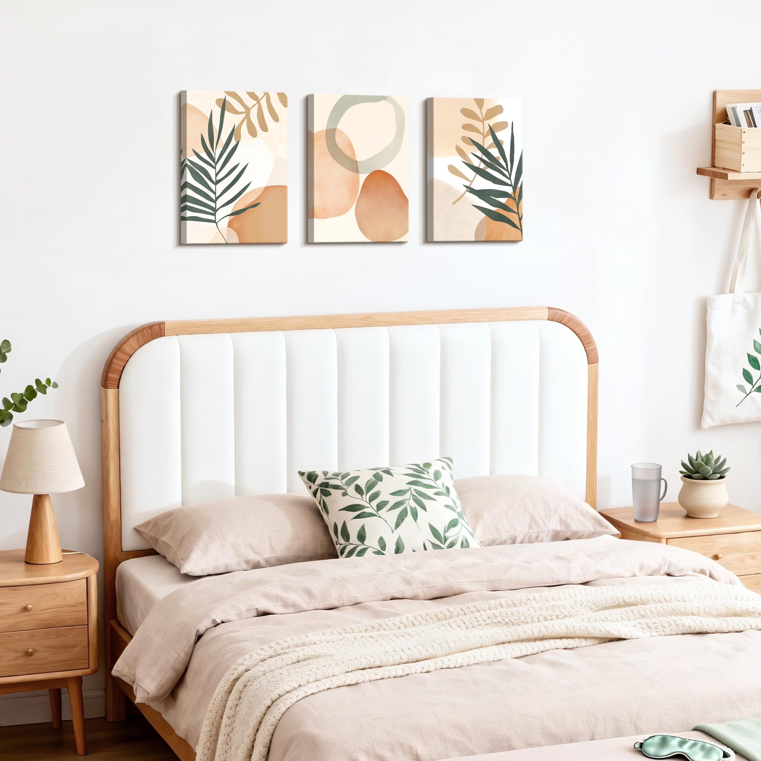 3 Pcs Wooden Framed Canvas Wall Art Set Bohemian Sage Green Canvas Prints Poster Geometric Line Beige Green Pictures for Living Room Bedroom Dinning Room Hallway Stairs Wall Decor 30x40cm x3pcs — view 465