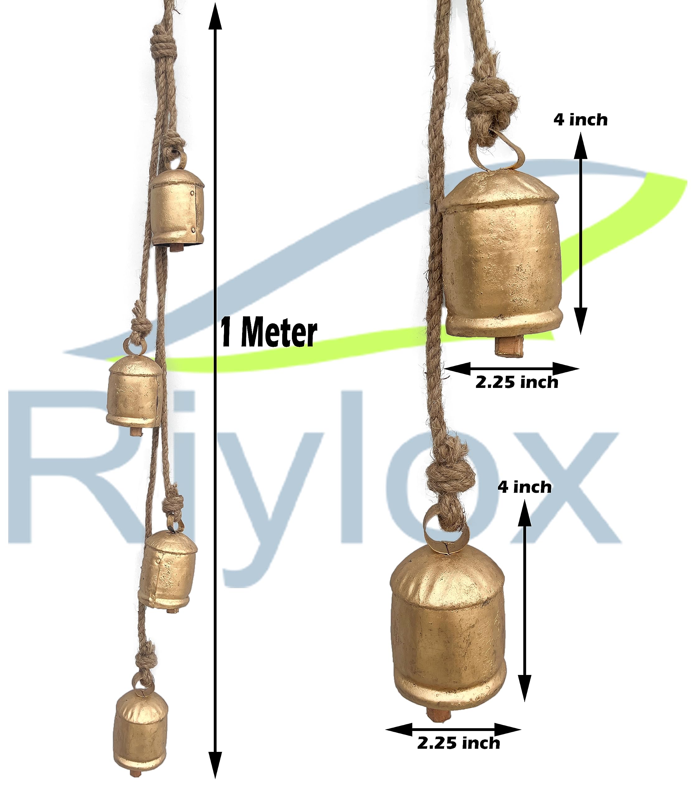 Riylox Shabby Chic Bells Set of 4 Hanging Metal Tibetan Inspired Meditation Decorative Cow Bell with Jute Rope Vintage Handmade Lucky Rustic Metal Tranquil Wind Chimes Wall Hanging Decor Gift