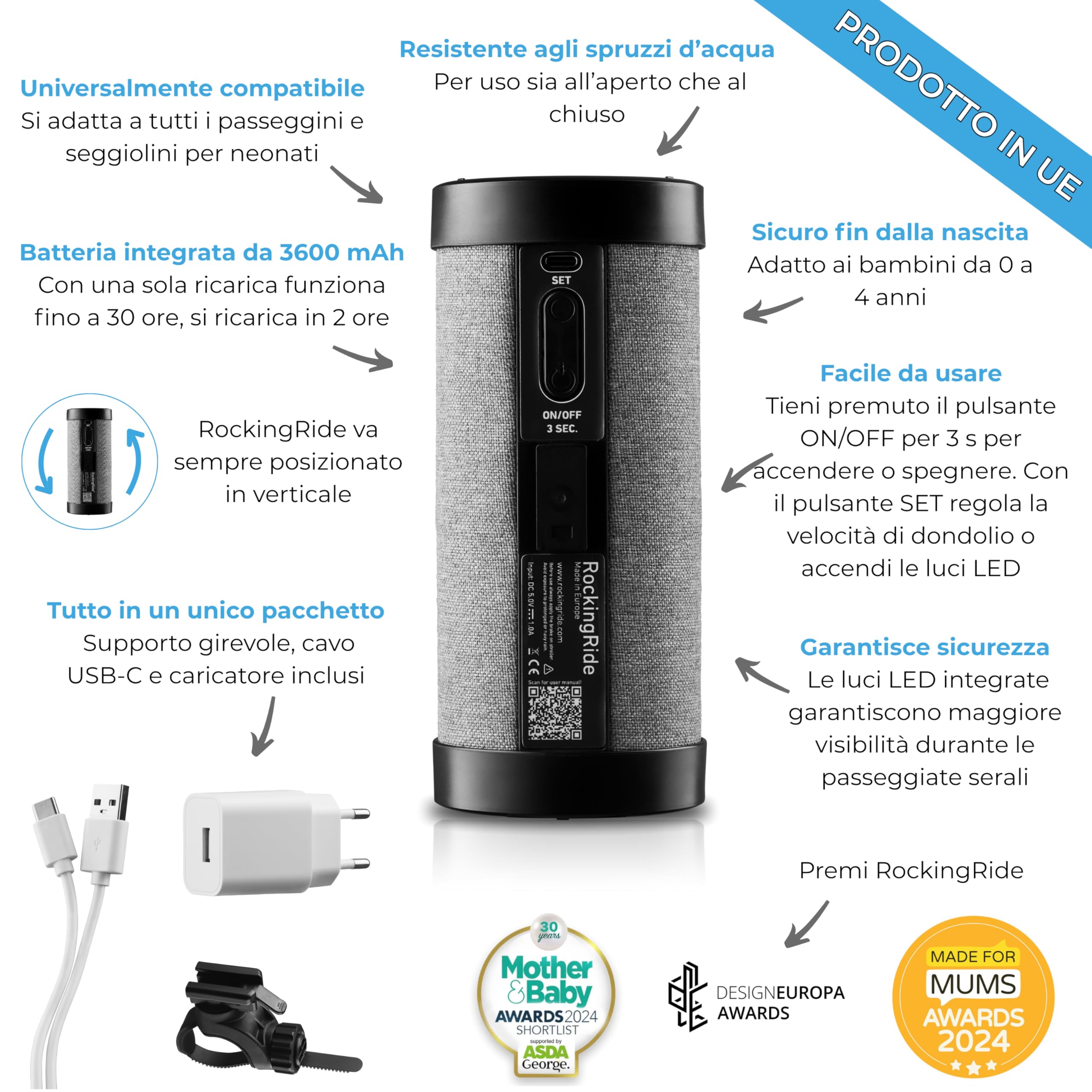 Il tuo bambino dorme più velocemente – Dondolatore Passeggino Automatico per Neonati, Movimento Naturale, 30 Ore Batteria, USB-C, Luce LED Sicurezza, Universale – RockingRide PRO (Nero)