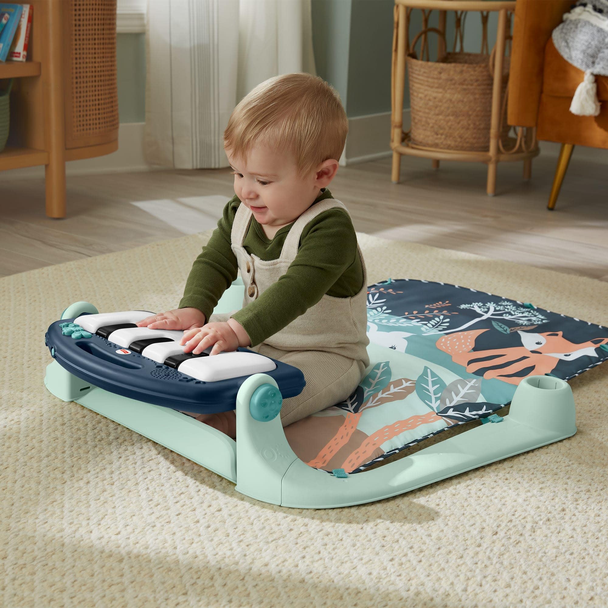 Fisher-Price - Palestrina Baby Piano Blu, Tappetino Pianoforte con 5 Giocattoli sensoriali posizionabili sull'arco per Il Gioco da sdraiati e specchietto Incluso, 0+ Mesi, JMN75