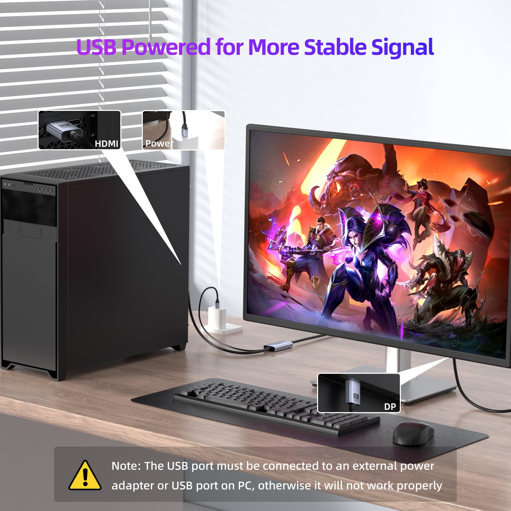 4K@144Hz HDMI 2.1 auf DisplayPort 1.4 Kabeladapter (1,8 m), 4K120Hz/8K unidirektionales aktives HDMI-Quellen-zu-DisplayPort-Monitorkabel, Konverter für Computer, PC, PS5, Xbox, Stecker auf Stecker