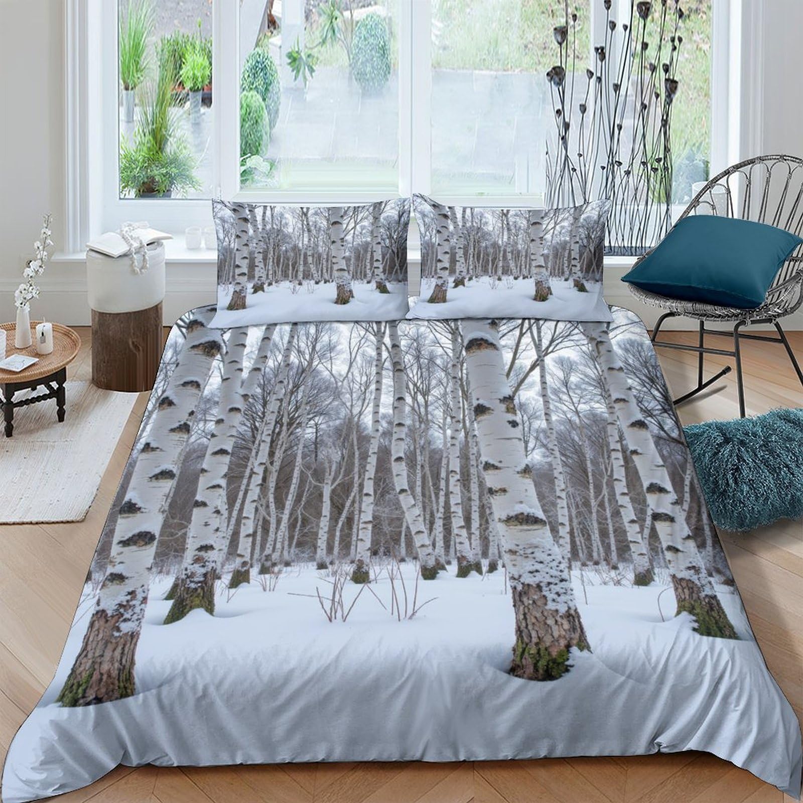 Ctjqhvkz Style-7 3D Printed Birch Forest Fitted Sheet Microfiber Soft Breathable Snow Woodland Mattress Cover Bedroom Decor Single（135X200cm）