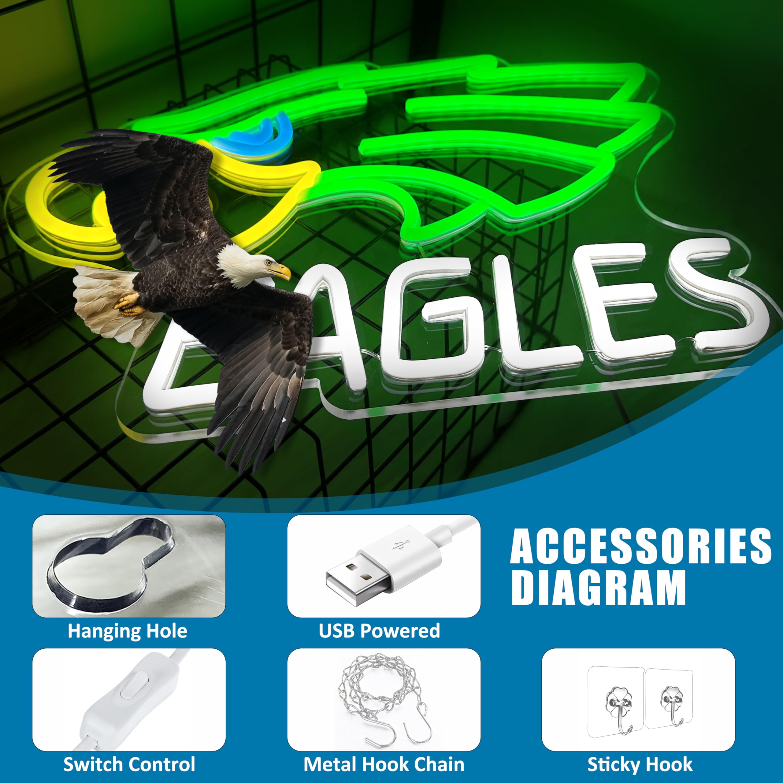 Letreros de neón de águila con luces LED verdes de fútbol para decoración de pared, alimentado por USB, equipo deportivo, letrero de luz de pared para hombre, cueva, cerveza, bar, pub, niños y