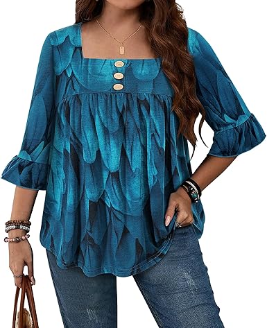 Plus Size Womens Blouses 3/4 Flutter Sleeve Square Neck Tunic Shirts Button Business Work Fall Tops 2025(XL-5XL)