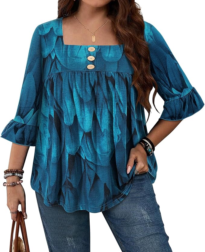 Plus Size Womens Blouses 3/4 Flutter Sleeve Square Neck Tunic Shirts Button Business Work Fall Tops 2025(XL-5XL)