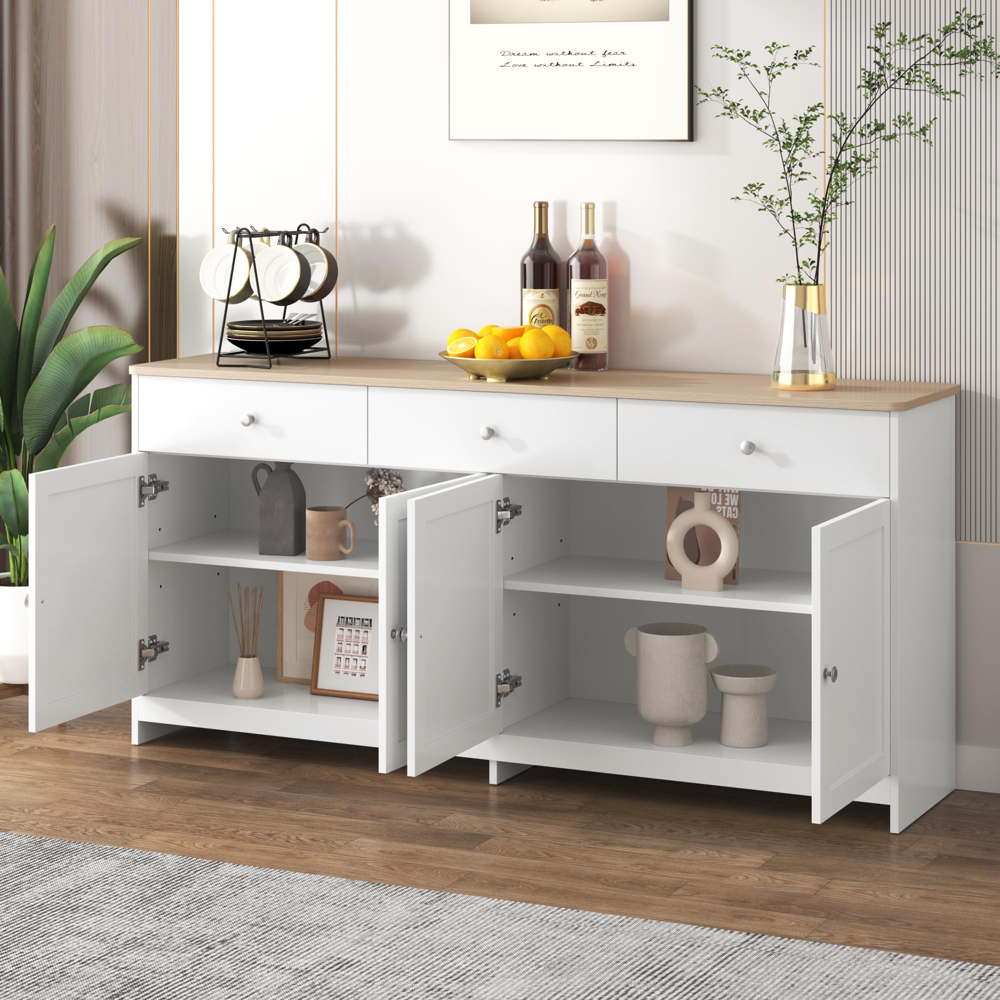 Ymkua Mobile Contenitore Credenza, Credenza Cucina Moderna, Commode per Soggiorno e Sala da Pranzo, Mobile Dispensa Cucina Buffet con 4 Ante e 3 Cassetti, Armadietto a Buffet, 160x37x75 cm Bianco